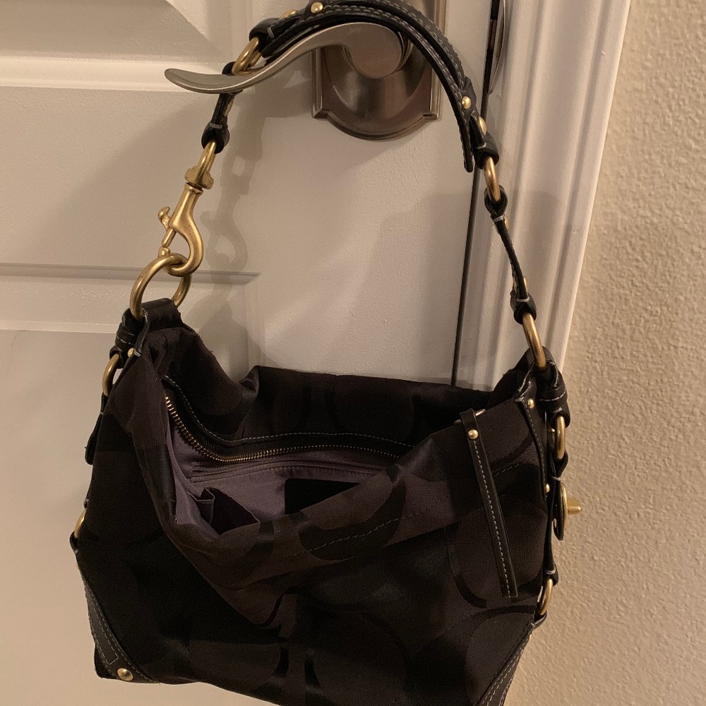 Coach Black Signature Carly Hobo Shoulder Purse